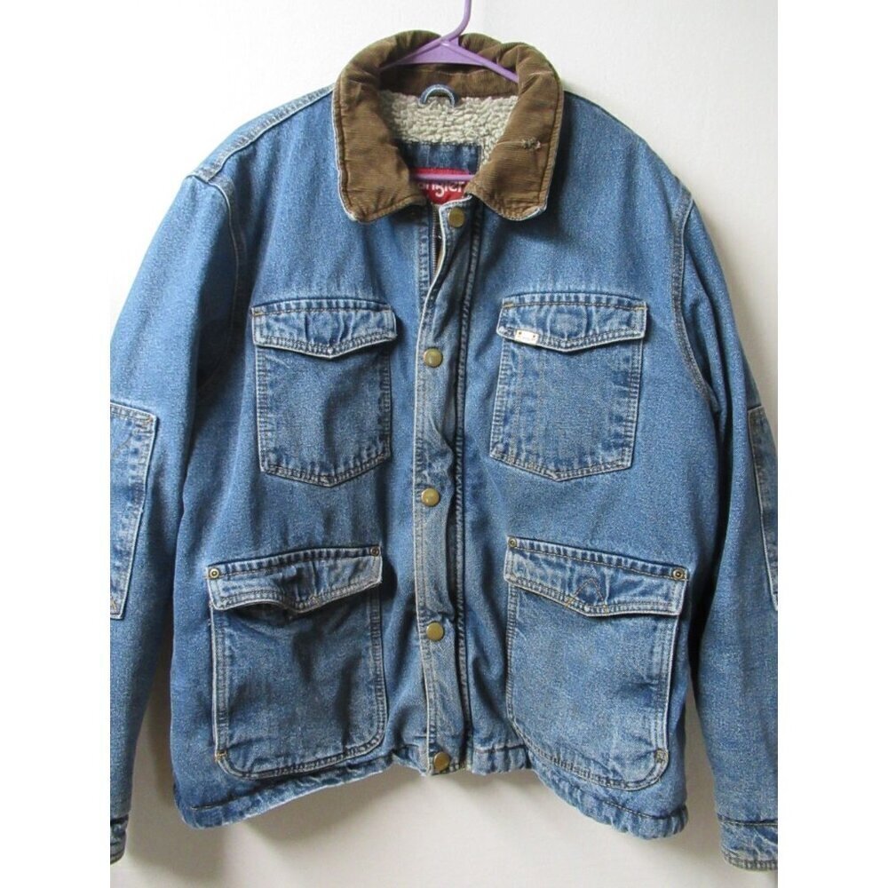 VTG Wrangler Hero Men's Denim Jacket Sherpa Lined Work Coat Corduroy Collar XL